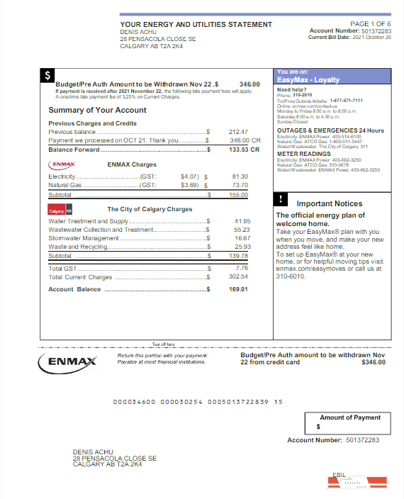 CANADA ENMAX utility bill Word and PDF template